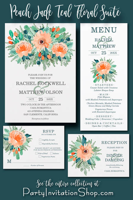An elegant design for any season, watercolor flowers in shades of pale peach to orange trimmed with dark teal to jade green foliage and chic dark teal lettering. Shop PartyInvitationShop.com to see more!