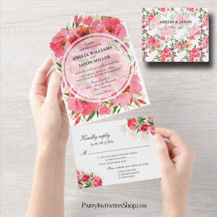 Pink Peonies Watercolor Wedding All In One Invitation