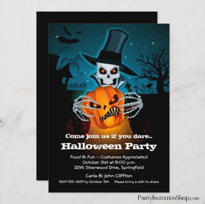 Scary Skeleton and Pumpkin Halloween Invitations