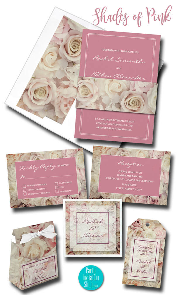 Choose from 7 SHADES OF PINK wedding invitations. We've added an optional background of vintage roses on coordinating envelope liners, RSVP cards, reception cards, party favor boxes, gift tags, napkins, plates and more.