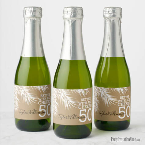 Better with Age Mini Champagne Labels - White Palm Fronds on Gold