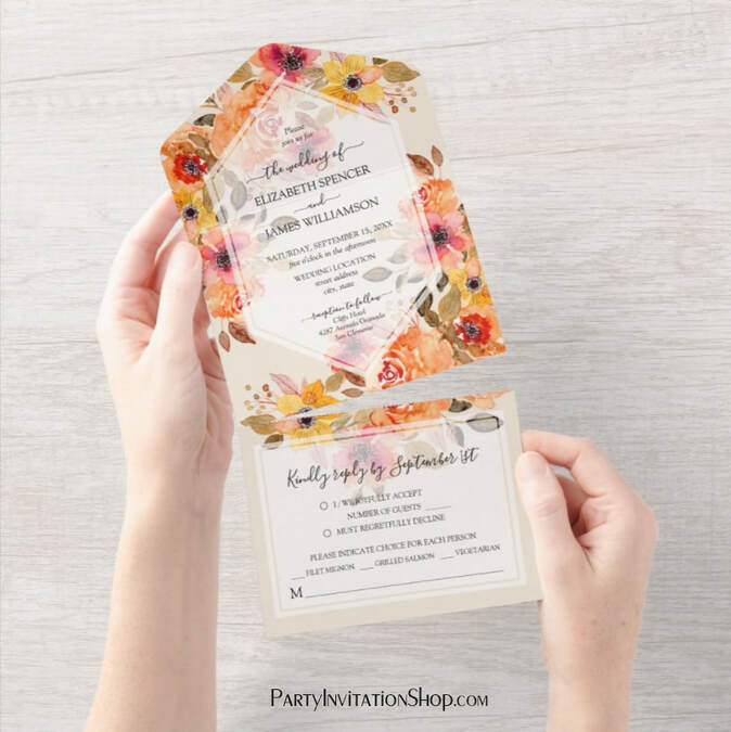 Watercolor Fall Floral Wedding All In One Invitations
