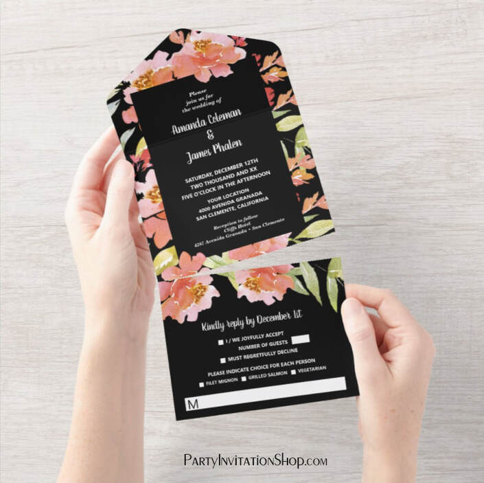 Watercolor Florals Red on Black Wedding All In One Invitations