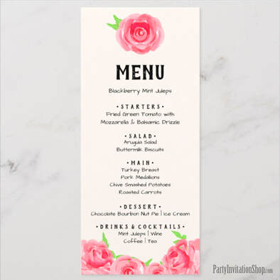 Menus - Big Hat Lady Roses Kentucky Derby / Derby Bridal Shower - plus INVITATIONS, party favor boxes, hand fans, party napkins, plates and more. 