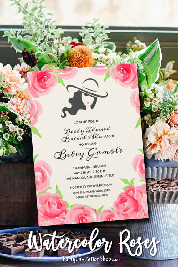 Derby themed party invitations, favor boxes, plates, napkins, wine labels and more featuring roses and lady in a her Derby hat. Perfect for Kentucky Derby Party, Derby themed bridal shower invitations, lady's birthday party and more.