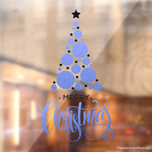 Merry Christmas Blue Circles Tree Stars Holiday Window Cling