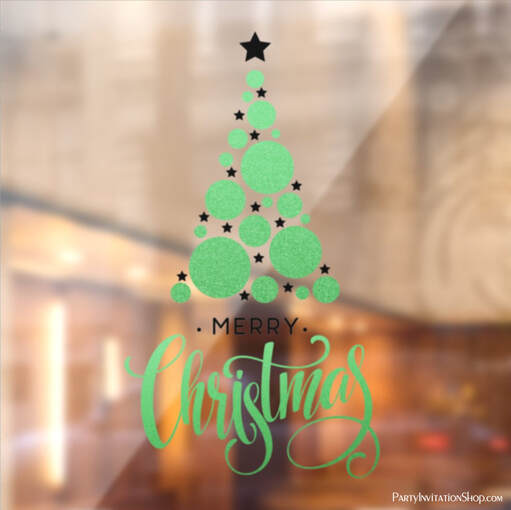 Merry Christmas Green Circles Tree Stars Holiday Window Cling