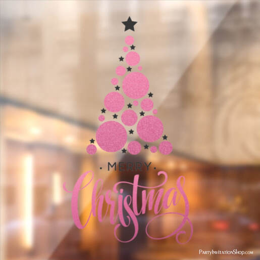 Merry Christmas Pink Circles Tree Stars Holiday Window Cling