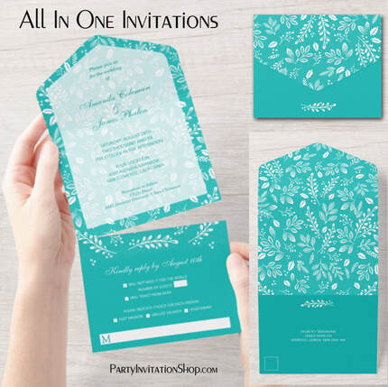 White Botanicals on Turquoise All In One Wedding Invitations