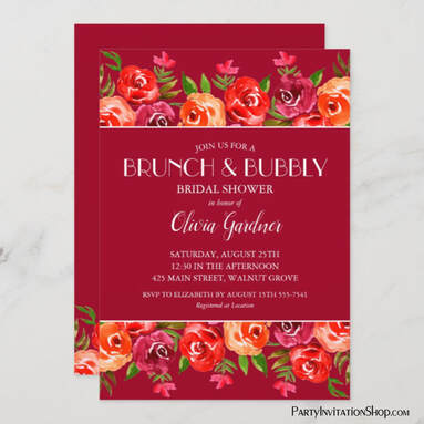 Brunch and Bubbly Watercolor Burgundy Floral Invitations