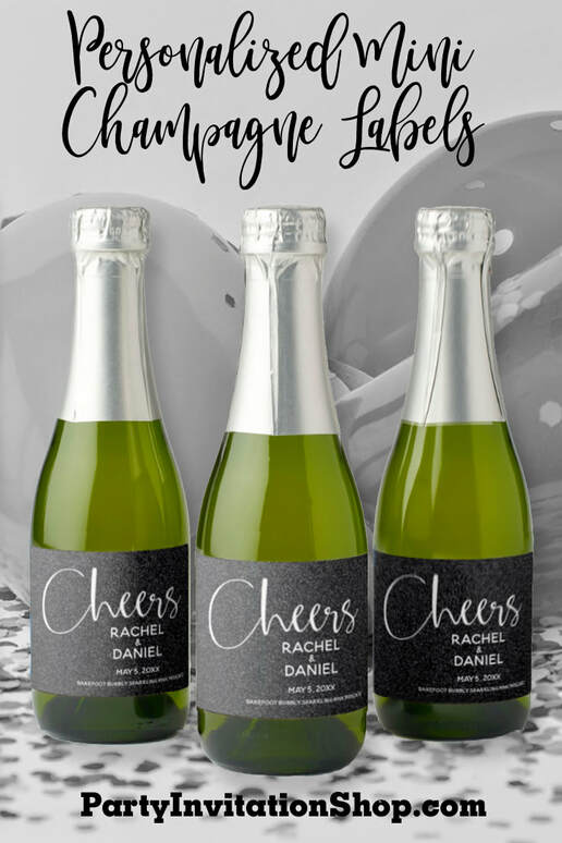 Make your own champagne split favors with these personalized labels featuring simulated black glitter or choose from 10 uploaded glitter colors. Add a personalized touch to your birthday party favors, new year's eve, bachelorette party or bridal shower. Shop PartyInvitationShop.com