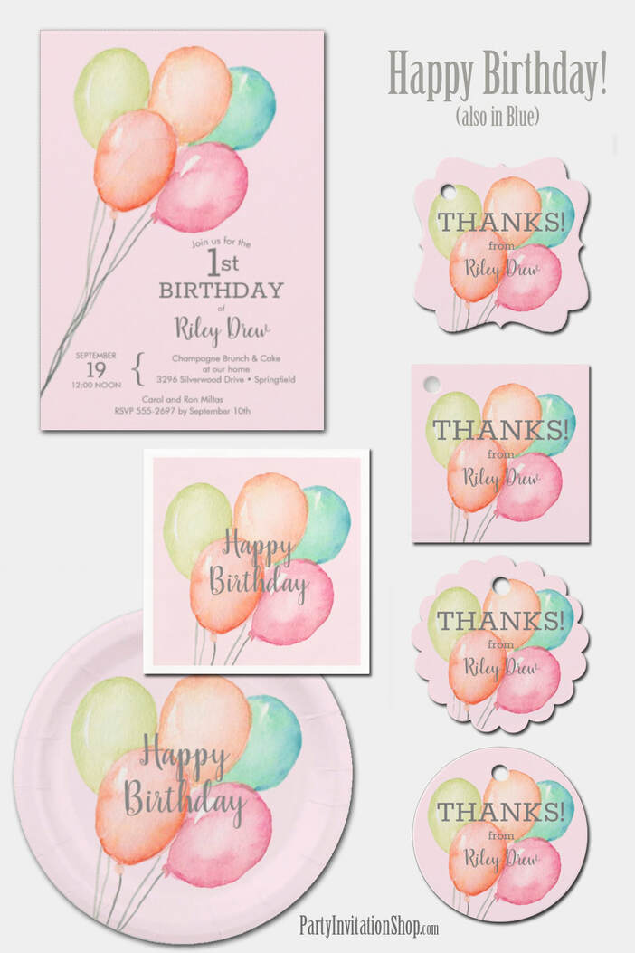Watercolor Balloons on Pink Birthday Collection