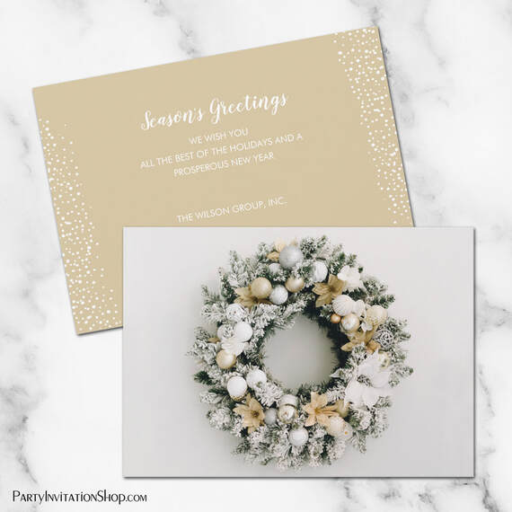 White Gold Christmas Wreath Holiday Cards