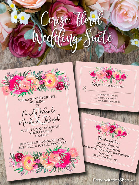 Beautiful watercolor flowers in shades of pale pink, cerise pink to dark pink, plus foliage and buds, create wedding invitations that are perfect for your special day.  PLUS, party favors, plates, napkins, stickers, signage and more. Browse PartyInvitationShop.com