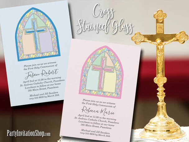 Cross Stained Glass Windows First Communion Invitations and party supplies at PartyInvitationShop.com