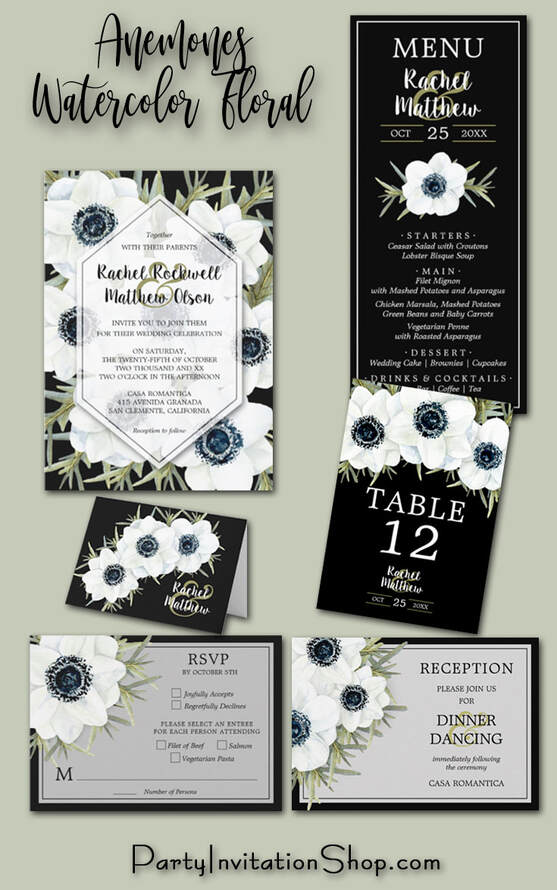 Black and White Anemones Collection - wedding invitations, RSVP cards, reception cards,  table number cards, menu cards, thank you cards, party favors and more. See the entire collection at PartyInvitationShop.com