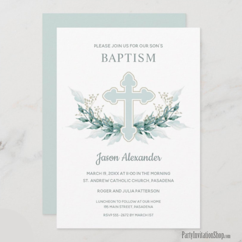 Elegant Blue Cross Watercolor Baptism Invitations