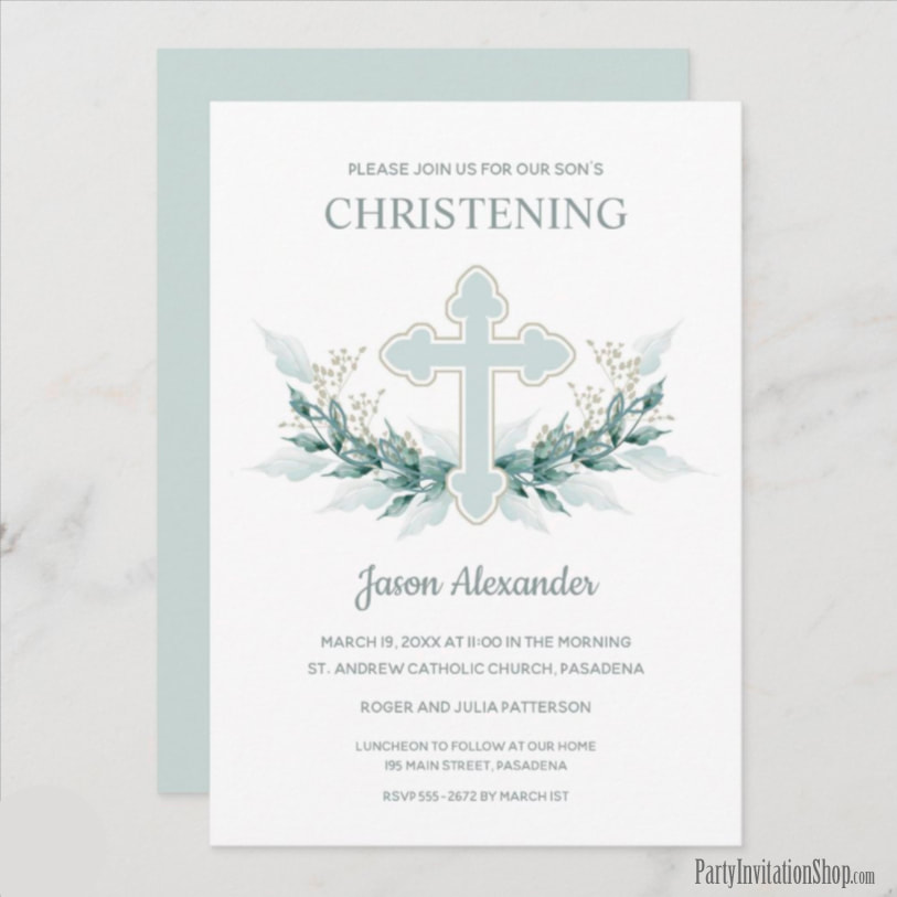 Elegant Blue Cross Watercolor Christening Invitations