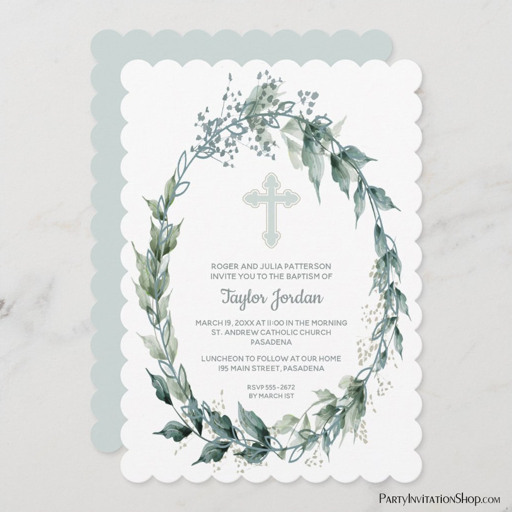 Wreath Blue Cross Communion, Baptism or Christening Invitations