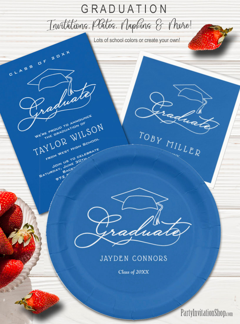 Elegant Script on Blue Graduation Party Invitations, Plates and Napkins
