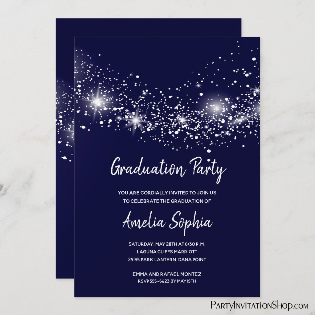 Elegant Glitter Navy Blue Graduation Party Invites