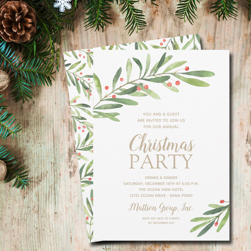 Elegant Greenery Christmas Party Invitations