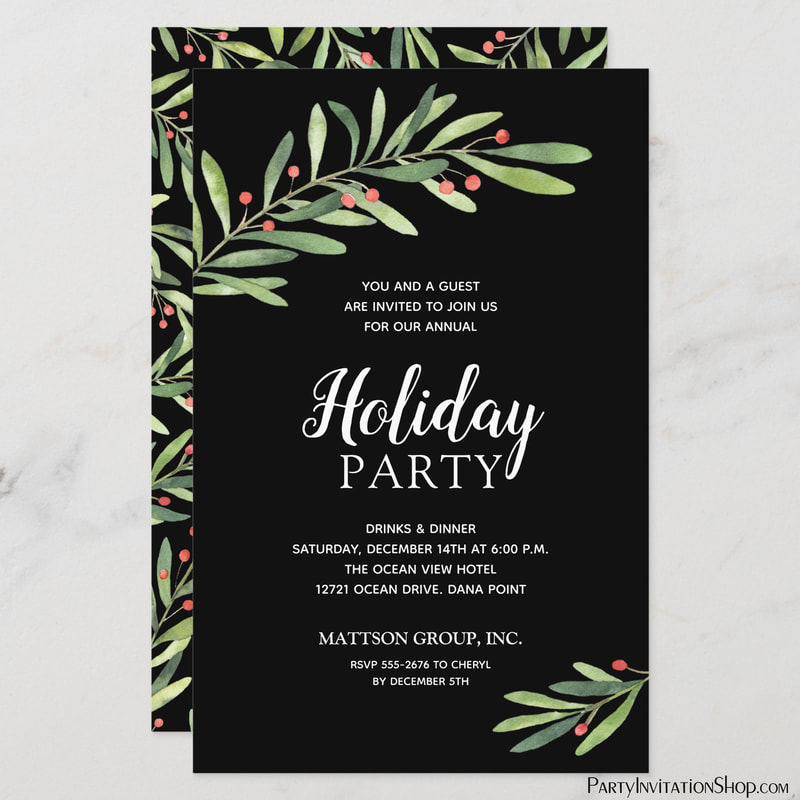 Elegant Greenery Budget Black Holiday Invitations