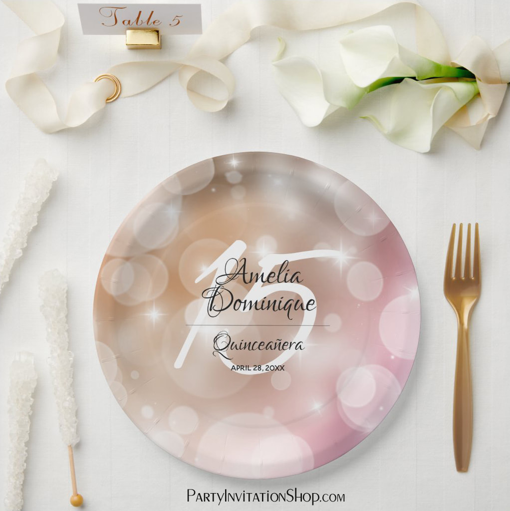 Elegant Pink Blush Quinceañera Birthday Round Paper Plates