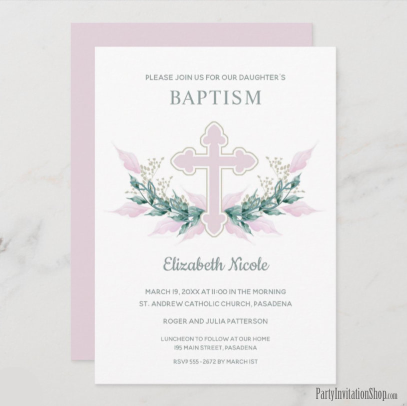 Elegant Pink Cross Watercolor Baptism Invitations