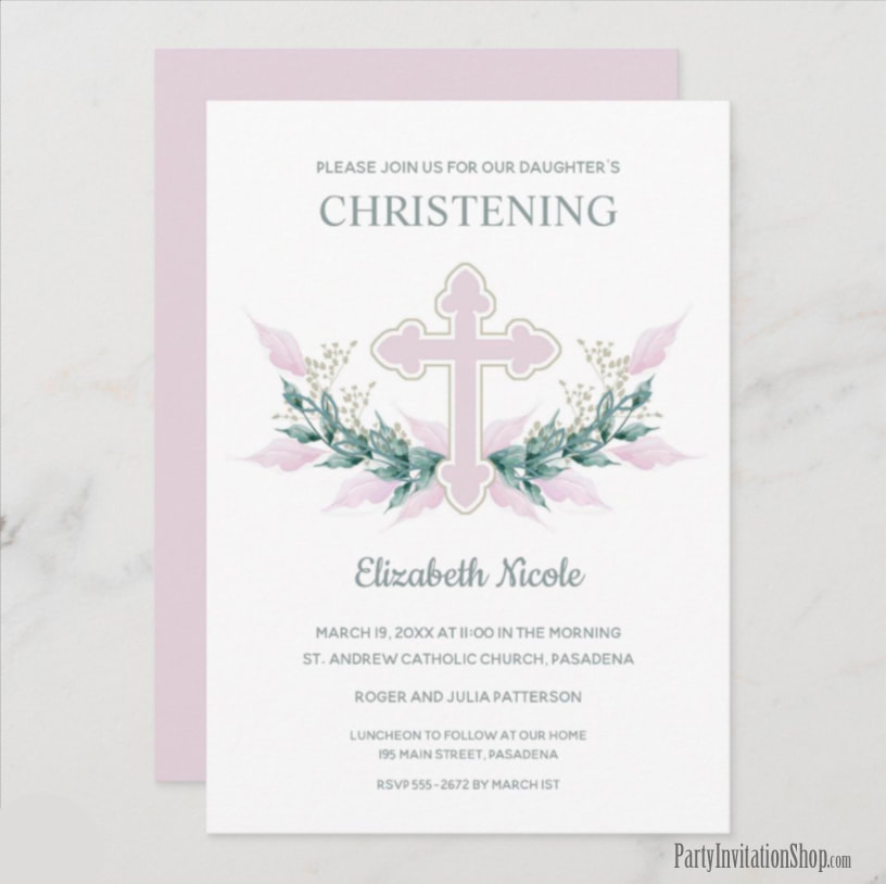 Elegant Pink Cross Watercolor Christening Invitations