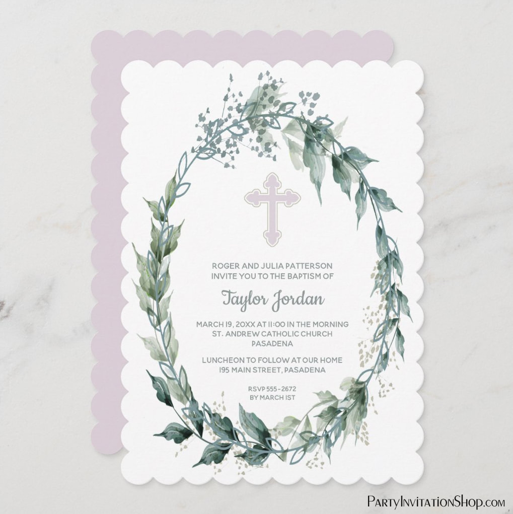 Wreath Pink Cross Communion, Baptism or Christening Invitations