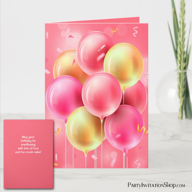 Custom Happy Birthday Pink and Gold Balloons Greeting Card