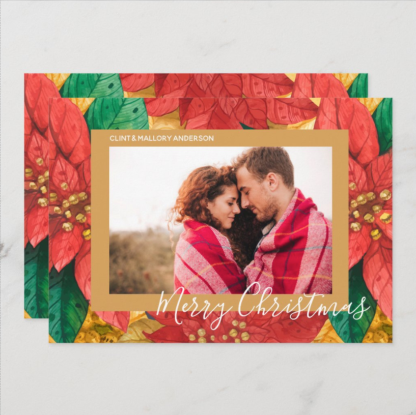 Photo Holiday Christmas Cards - Red and Gold Poinsettias Collection at PartyInvitationShop.com