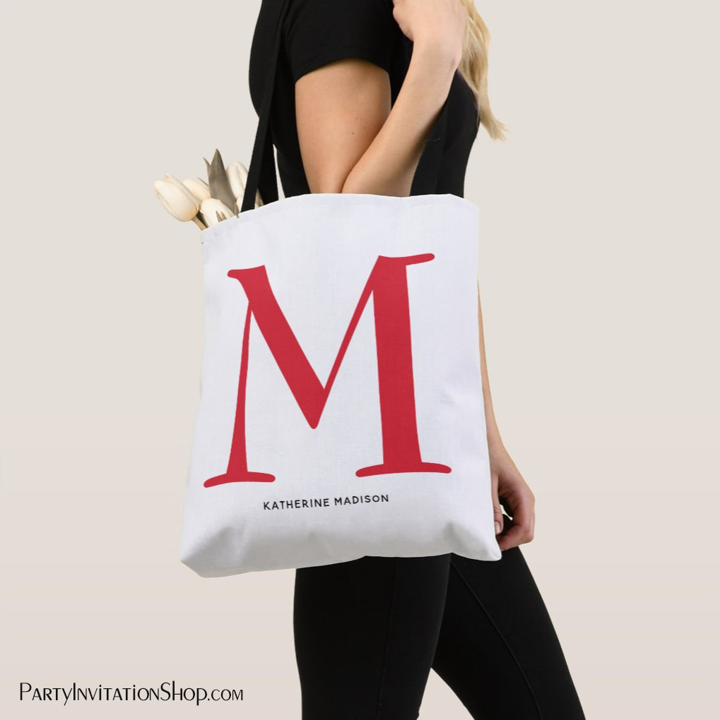 Red Monogram and Your Name Tote Bag