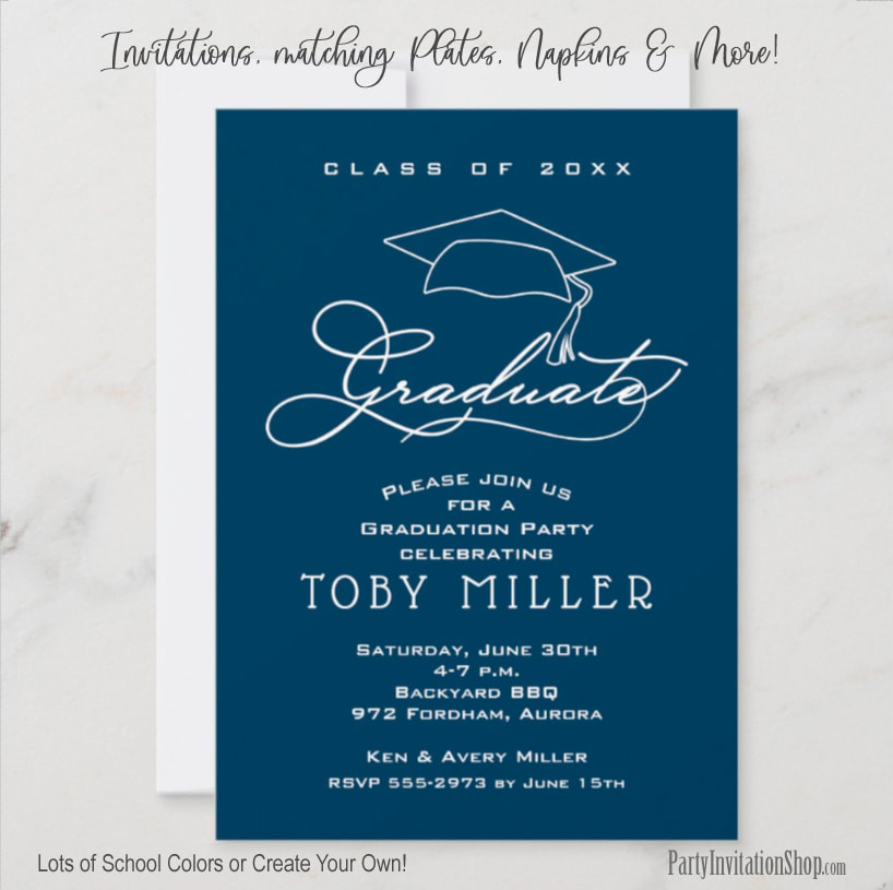Elegant Script on Navy Blue Graduation Party Invitations