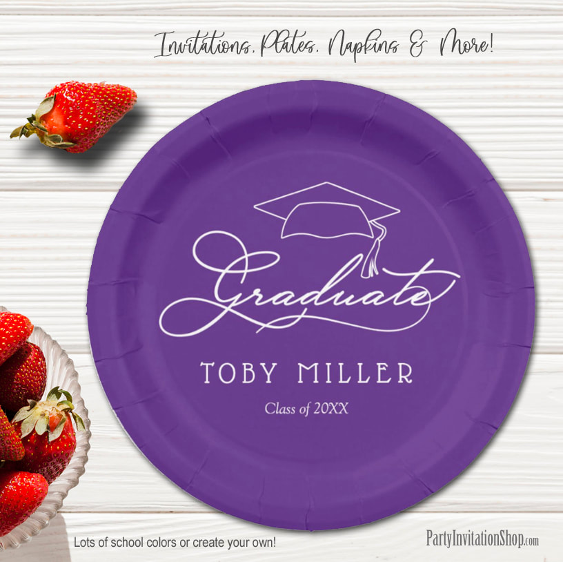 Elegant Script on Purple Graduation Party Paper Plates in 2 sizes