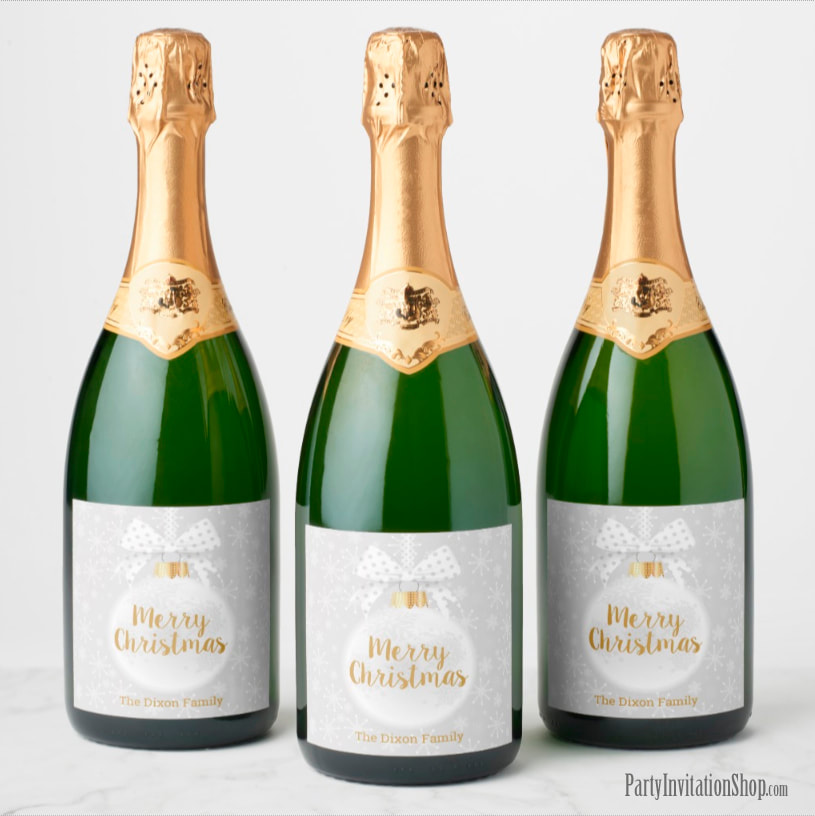 Elegant Snowflake White Ornament Christmas Holiday Champagne Bottle Labels - PartyInvitationShop.com