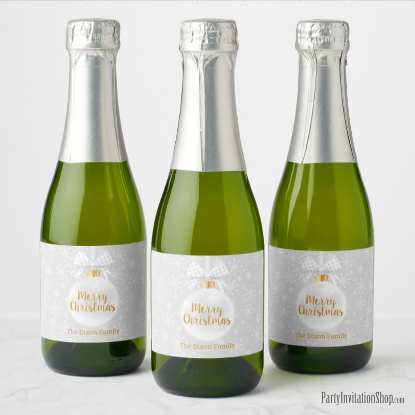 Elegant Snowflake White Ornament Christmas Holiday Mini Champagne Bottle Labels - PartyInvitationShop.com