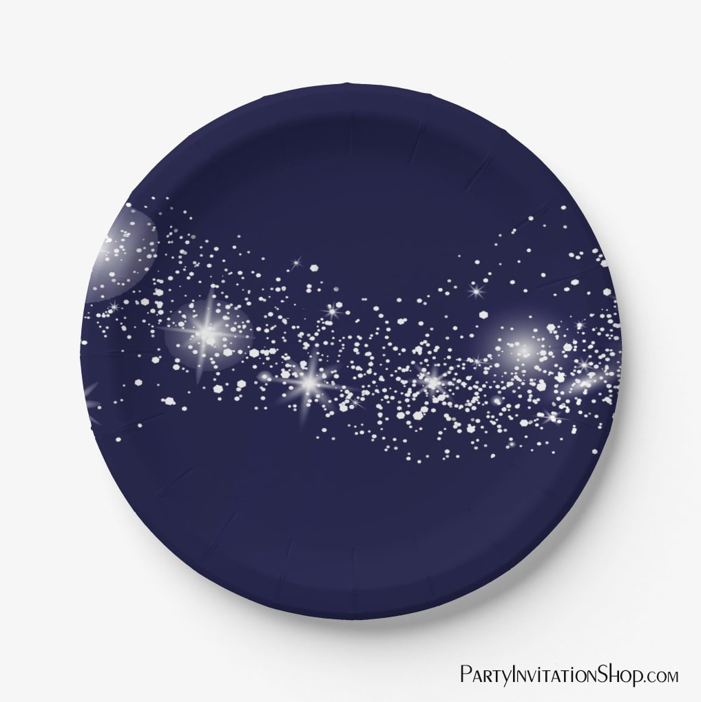 Elegant Sparkling Stars on Navy Blue Paper Plates