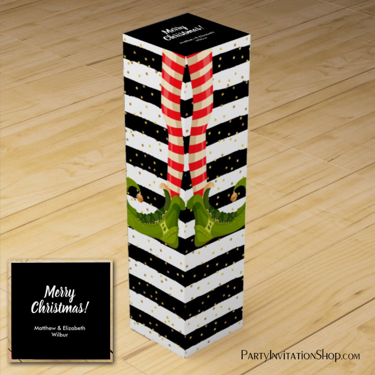 Elf Legs Black White Stripes Holiday Christmas Wine Gift Box