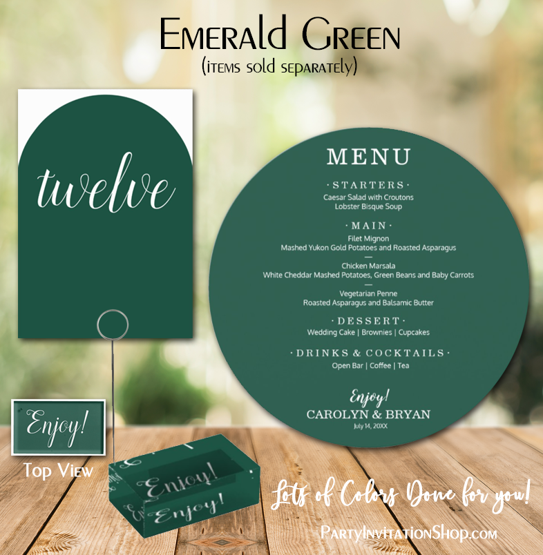 Emerald Green Round Menu, Table Number and Number Holder
