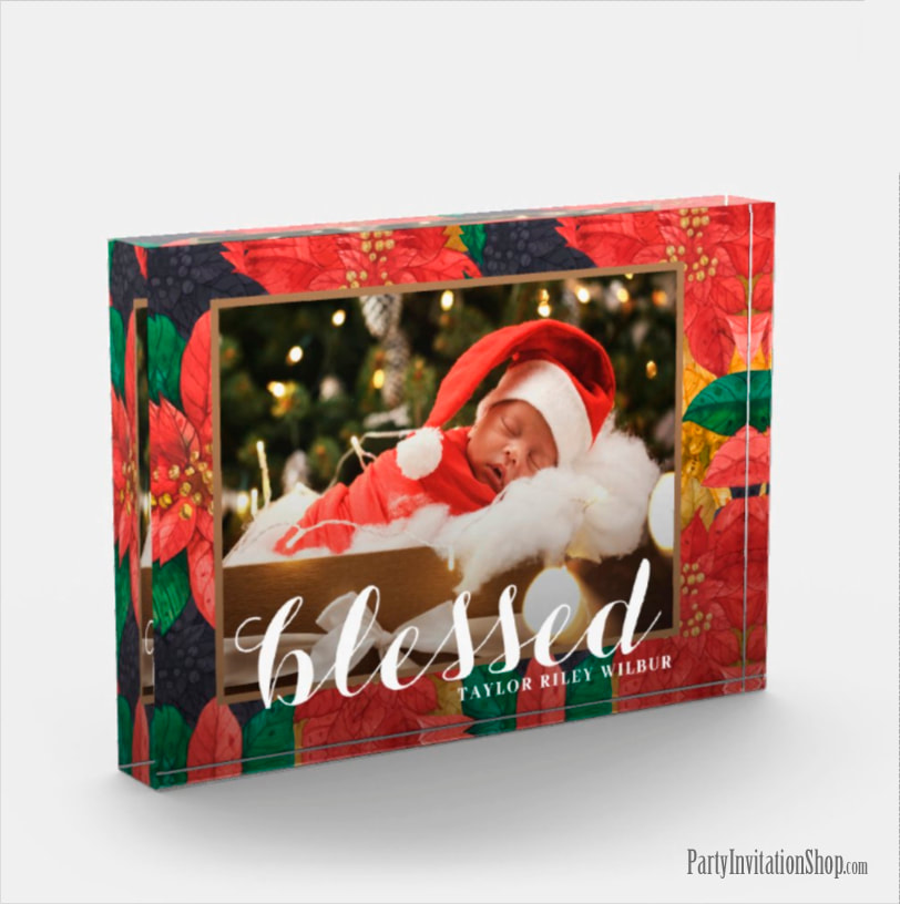 Personalized Floral Poinsettia Family Photo Block