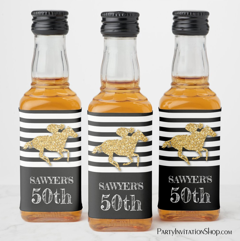 Faux Gold Glitter Race Horse on Black Stripes Liquor Bottle Label