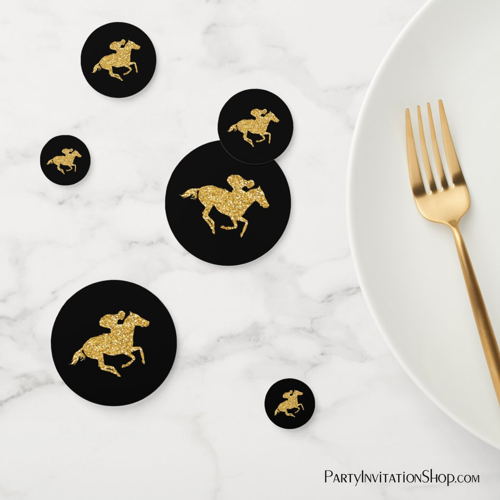 Faux Gold Glitter Kentucky Derby Race Horse on Black Confetti