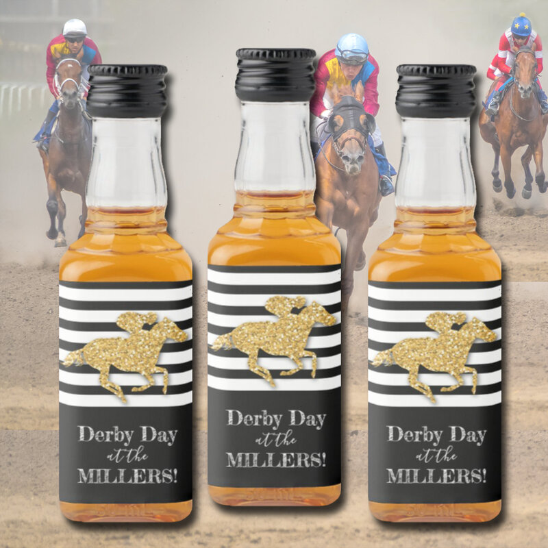 Gold Glitter Race Horse on Black Stripes Liquor Bottle Labels