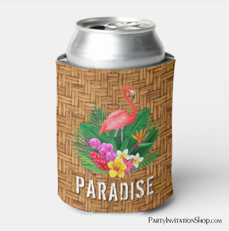 Flamingo Tropical Flowers on Wicker Print Can Cooler