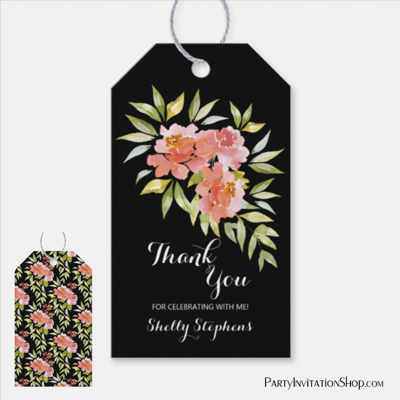 Chic Watercolor Floral Blooms Black Bridal Shower Gift Tags