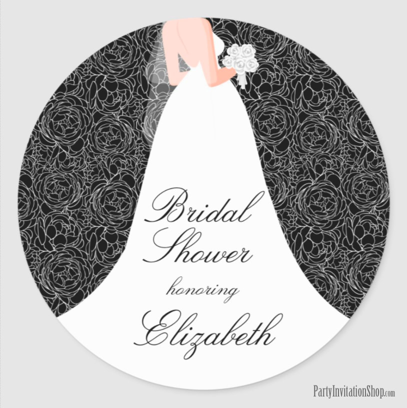 Wedding Dress on Black Bridal Shower Stickers