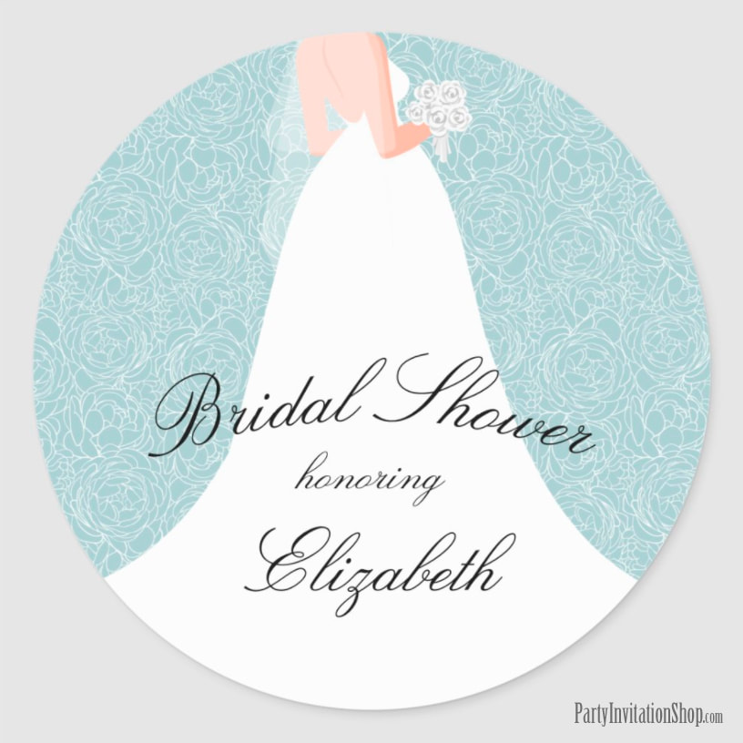 Wedding Dress on Dusty Blue Bridal Shower Stickers
