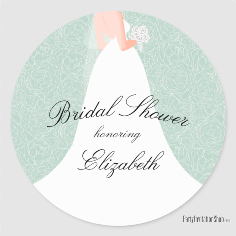 Wedding Dress on Eucalyptus Green Bridal Shower Stickers